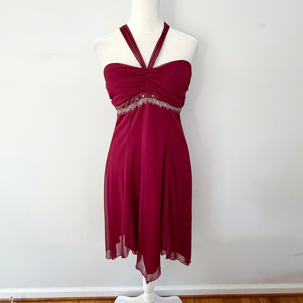 Vintage Y2K Halter Dress Women M Burgundy Bead Asymmetrical Fairy Grunge Whimsy